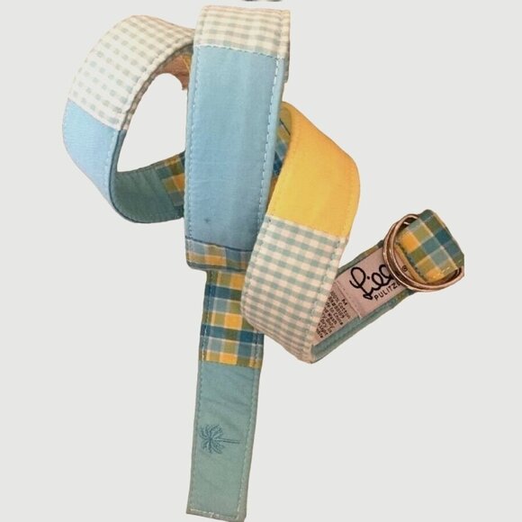 Lilly Pulitzer Belt Blue Yellow Plaid Patchwork Fabric D-Ring Size M $135 - Picture 1 of 6